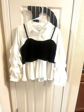 COCUE White Ruffle Button-Down Shirt with Black Crop Overlay